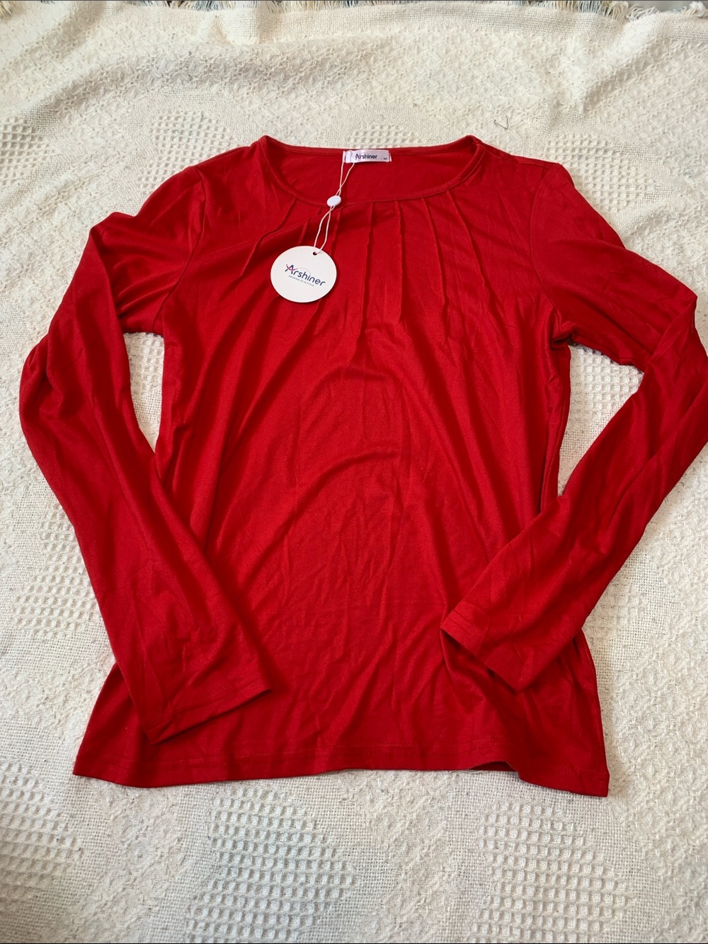 Arshiner Kids' Red Long-Sleeve Pleated Neck Tee